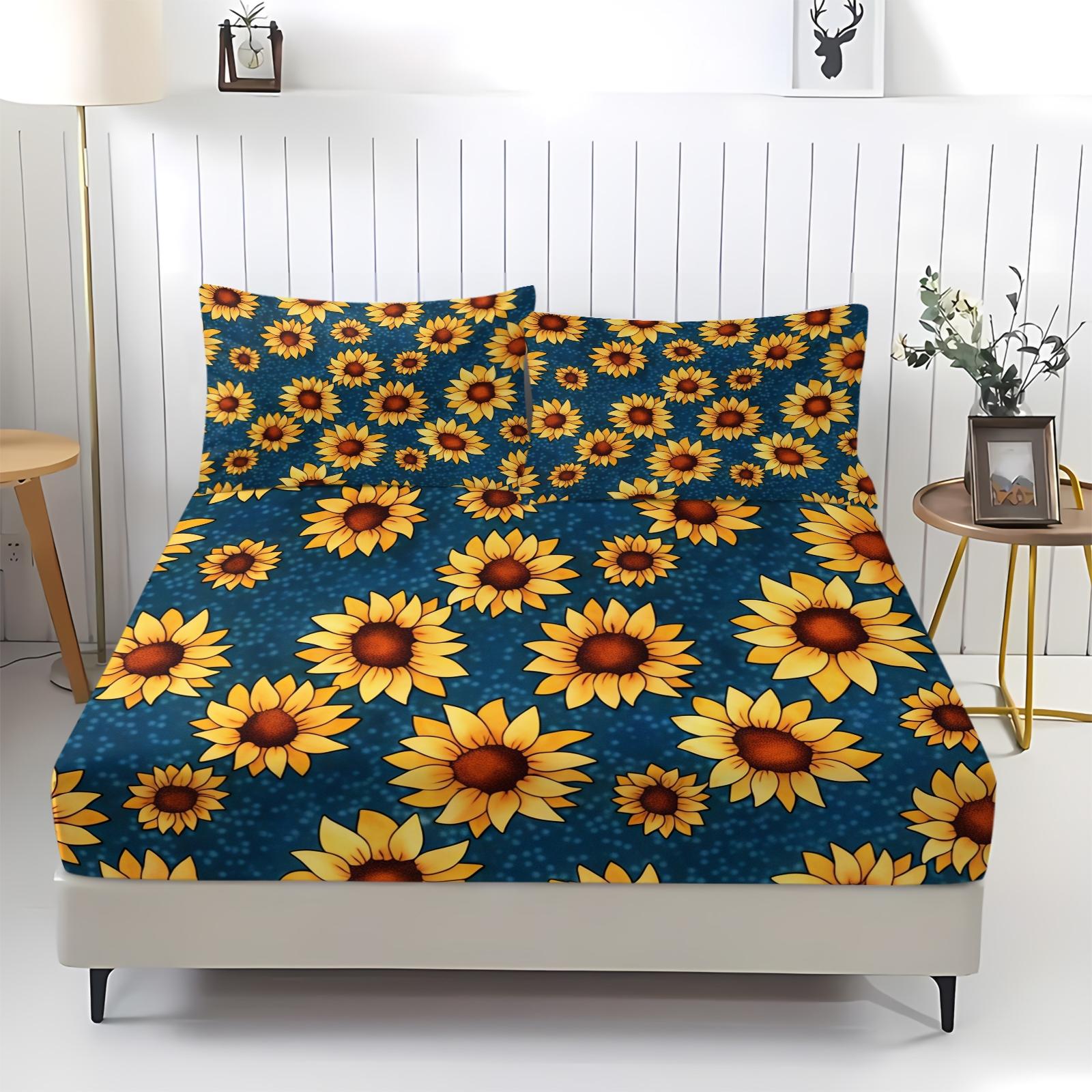 3 Piece Sunflower Pattern Fitted Sheet Set, Soft And Durable Bedding Set, Including 1 Piece Flat Sheet And 2 Pieces Pillowcases, Suitable For Children And Adults Daily Holiday Birthday Gifts Bedroom Decorations