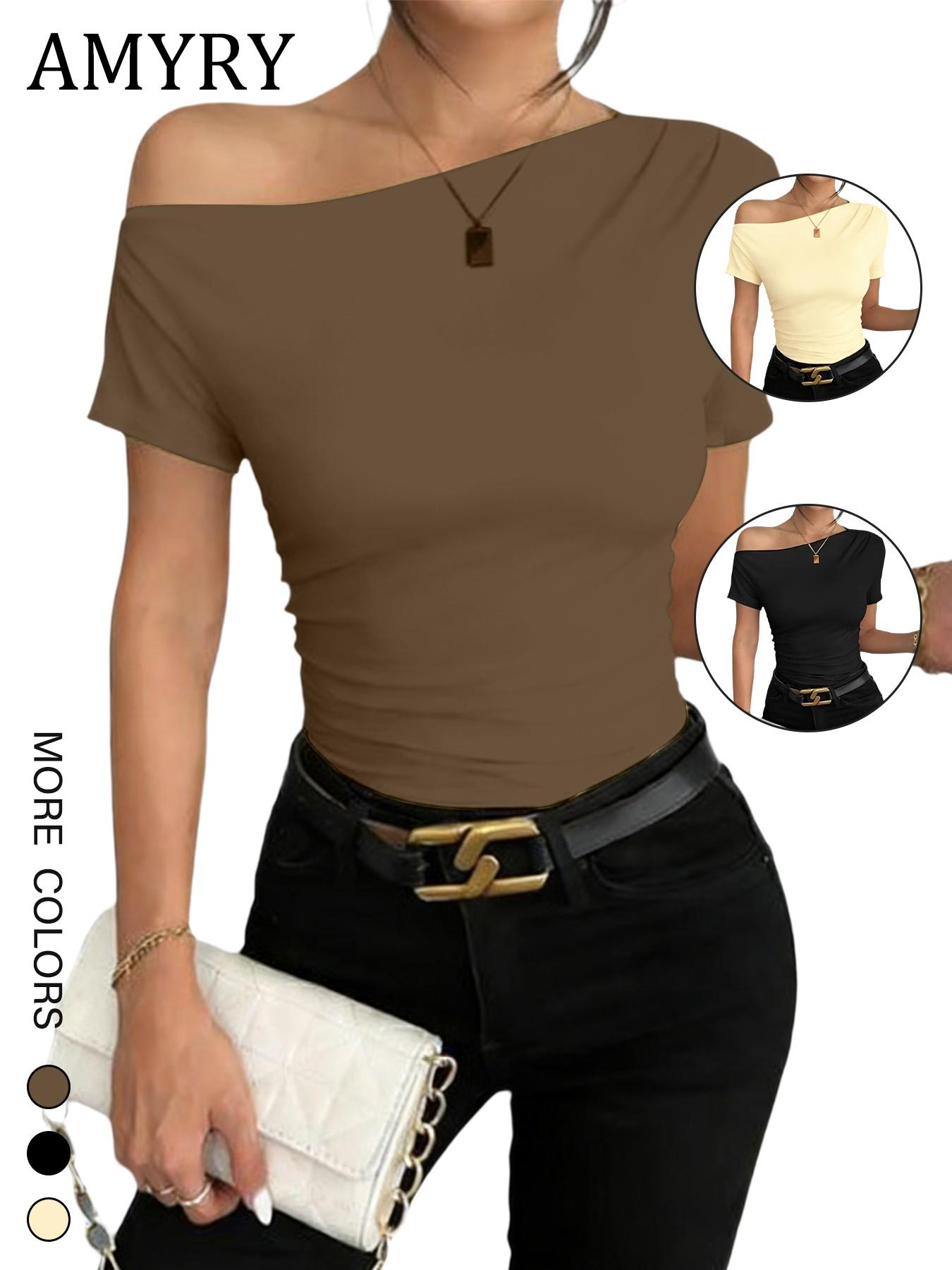 Women's Sexy Asymmetrical Neckline Loose Fit Short Sleeve T-Shirt, Summer Casual Slim Fit Pure Color Top, New Arrival Fashion