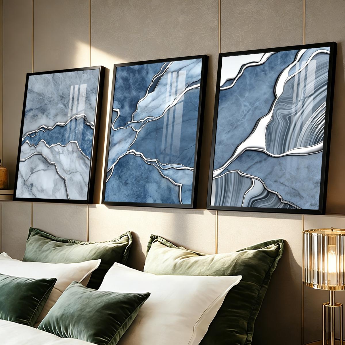 3 Counts Aluminum Alloy Framed Painting, Abstract Blue Marble Texture Art Pictures, Home Decoration For Living Room, Bedroom, Office, Restaurant, Hallway Wall Decor, Odorless Print Artwork, Luxury Perfect Gift For Friends And Family