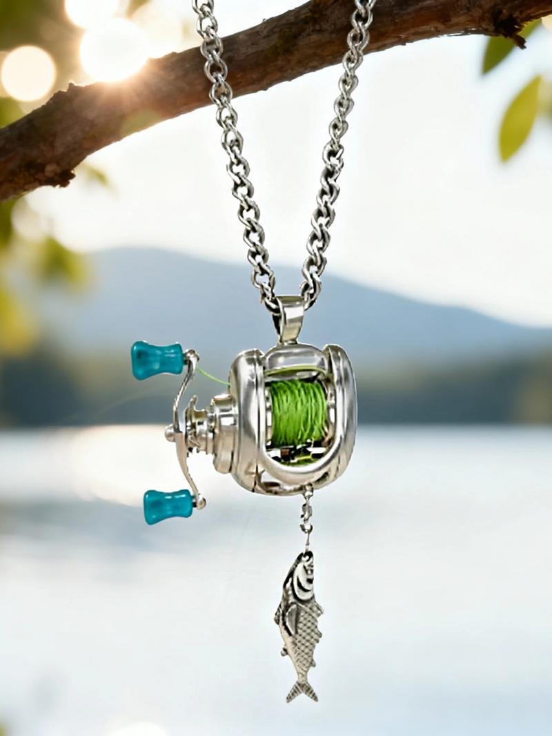 Mini Fishing Reel Necklace, Rotating Handle, Detachable Line Ring, Spinning Wheel Keychain, Portable Pendant for Fishing Enthusiasts