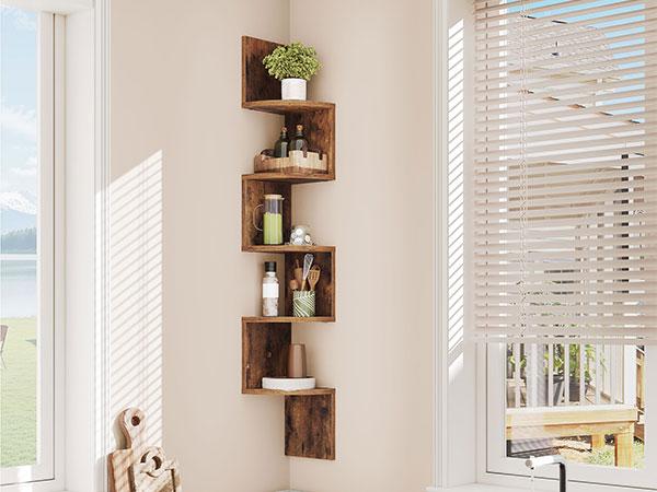 HOOBRO Corner Shelf Wall-Mounted, Set of 2 Floating Corner Shelves, 5-Tier Bookshelves for Wall Decor in Living Room, Bedroom, Bathroom, Home Office, Rustic Brown