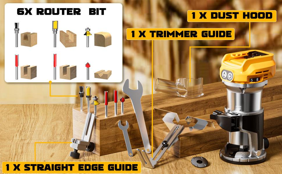 800W Cordless Compact Router Compatible with DeWalt 20V Battery, Battery NOT Included, 6 Variable Speeds Router Tool for Woodworking, 30,000 RPM Fixed Base Wood Router with Trim Router Bits, Edge & Roller Guide, Dust Hood