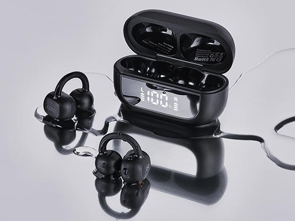 TOZO-OpenEarRing True Open Ear Headphones, Lightweight Comfort Open Ear Clip Wireless Earbuds, Bluetooth 5.3 Headphones with Smart Digital Display Design Fit Sports Cycling, Running, Workout Black FathersDayGift Audio Headset Electronic