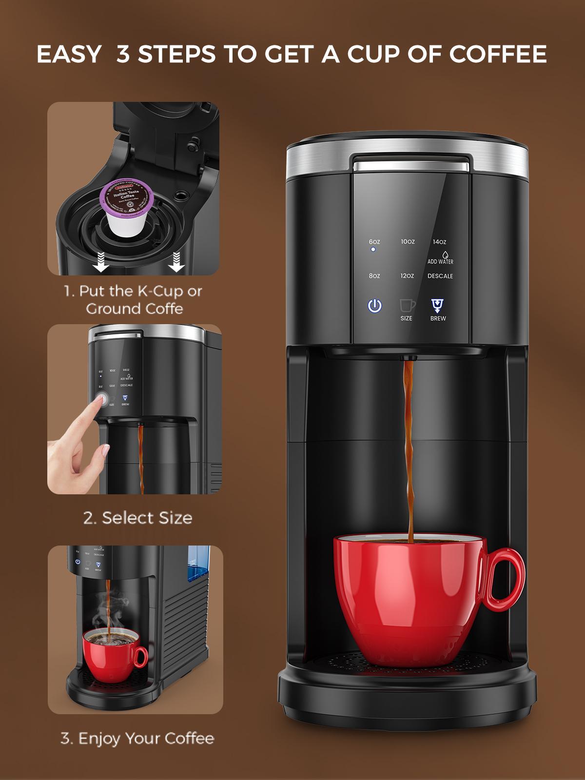 COWSAR Single Serve Coffee Maker, Coffee Brewer for K-Cups Pods and Ground Coffee, Capsule Coffee Machine with 40oz Water Tank, 5 Brew Sizes Up To 14cz, Black