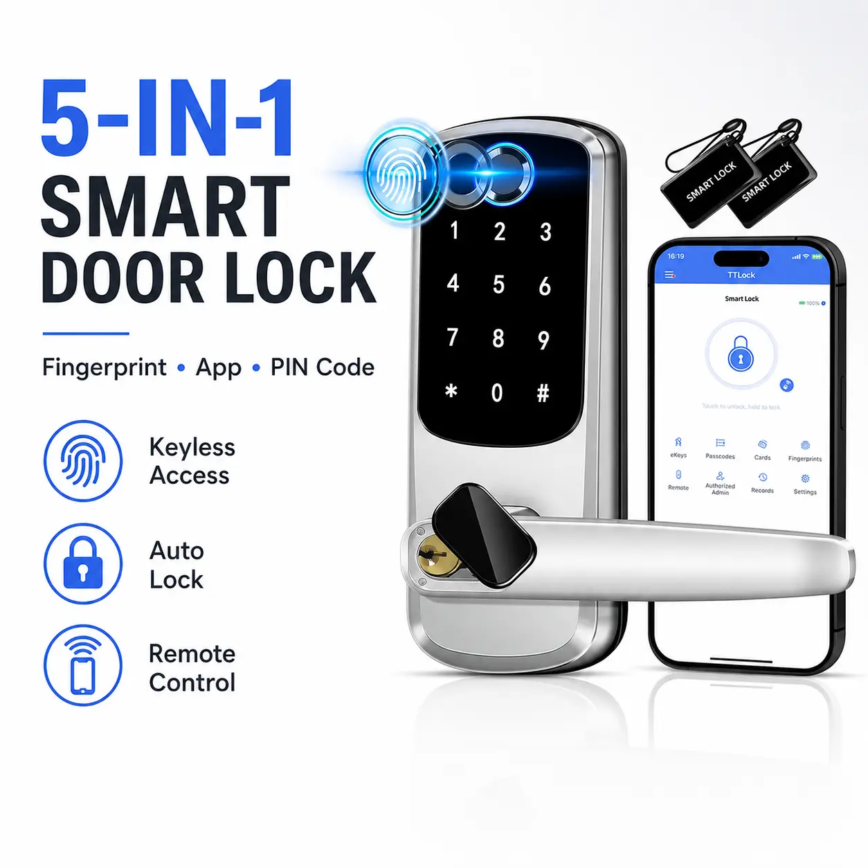 Advanced Smart Door Lock with 5 Access Modes, Touch Fingerprint Sensor, PIN Code Entry, Remote Control App & Automatic Locking, Secure Home Entry Solution