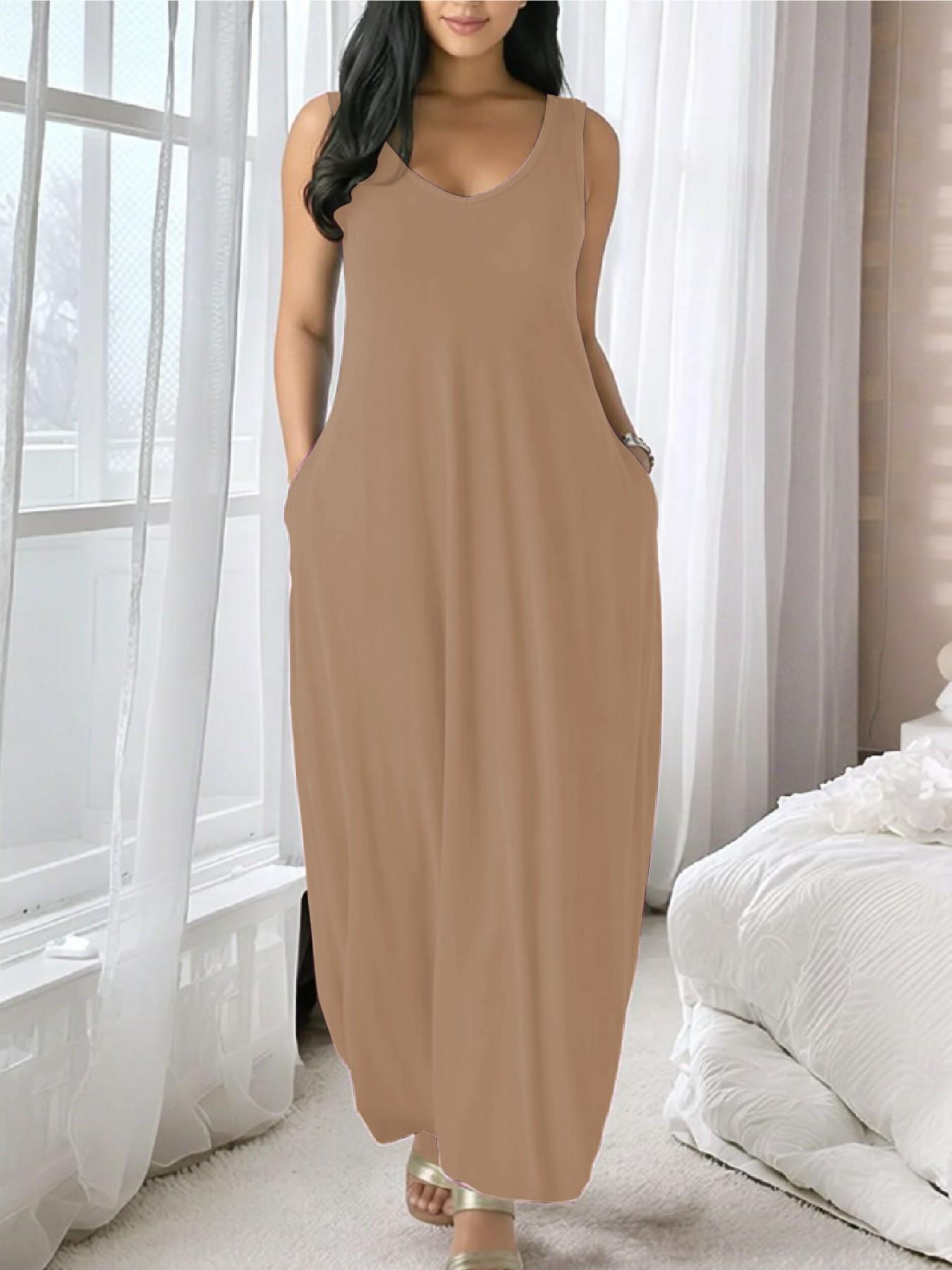 Summer Casual Sleeveless Backless Long Dress with Pockets, Loose Fit Comfortable Slimming Home Wear, Versatile Everyday