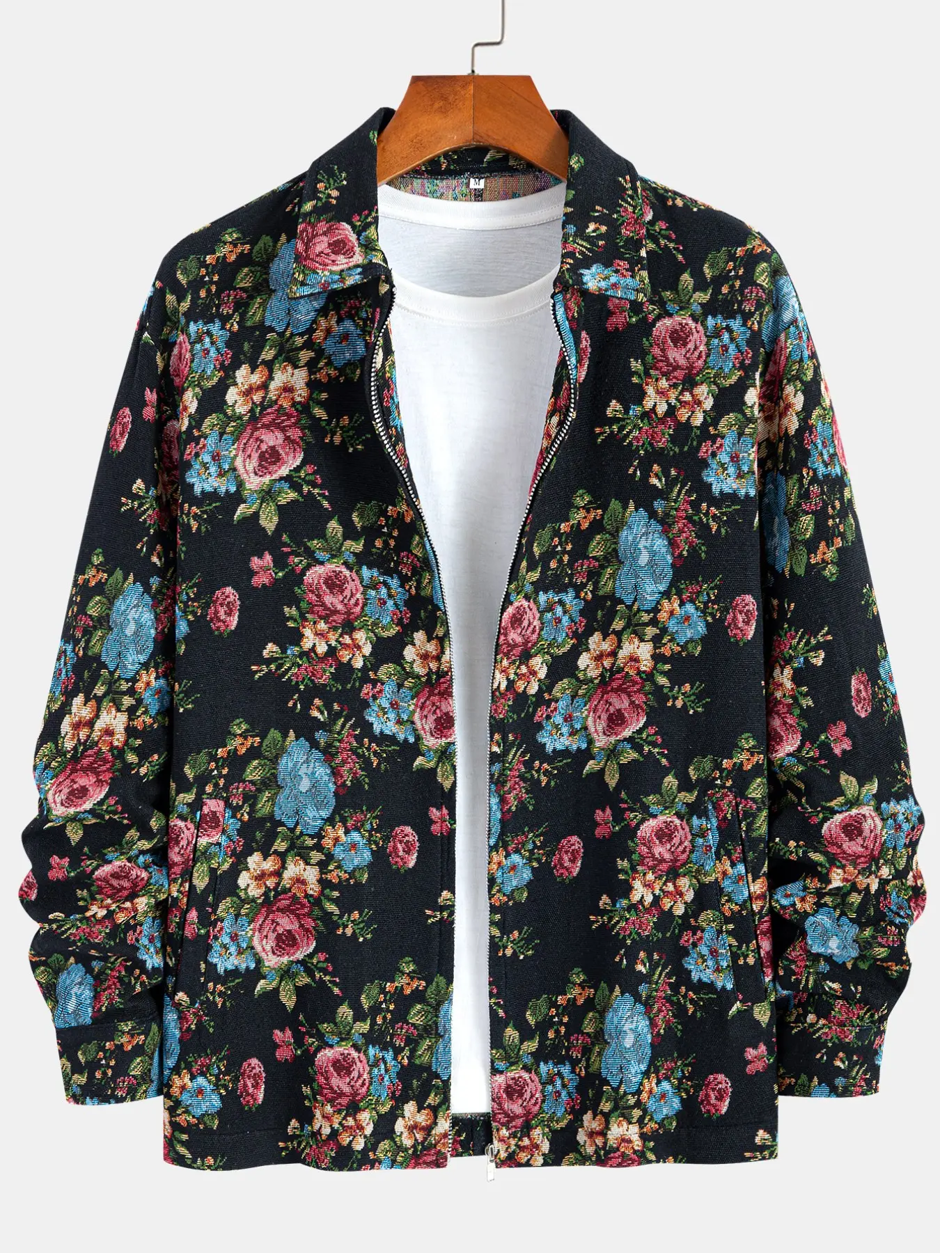 Men's Floral Zip Up Jacket, Retro Vintage Style, Lapel Collar, All over Rose Print, Street Fashion, Daily Casual