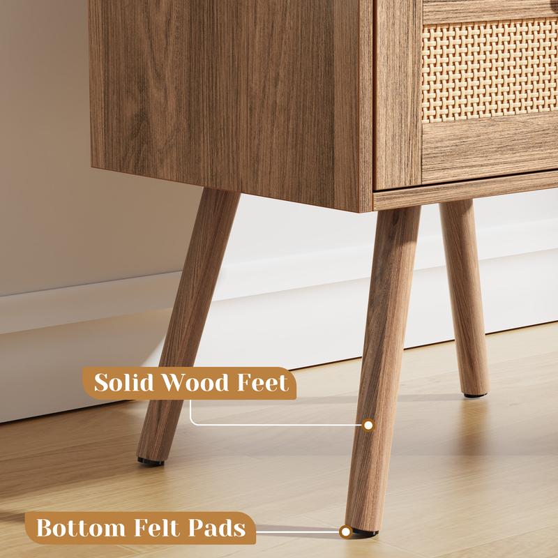 SUPERJARE Nightstands Set of 2, Night Stands with Charging Station & PE Rattan Decor Drawer, Bed Side Tables with Solid Wood Feet, End Table, for Bedroom, Living Room