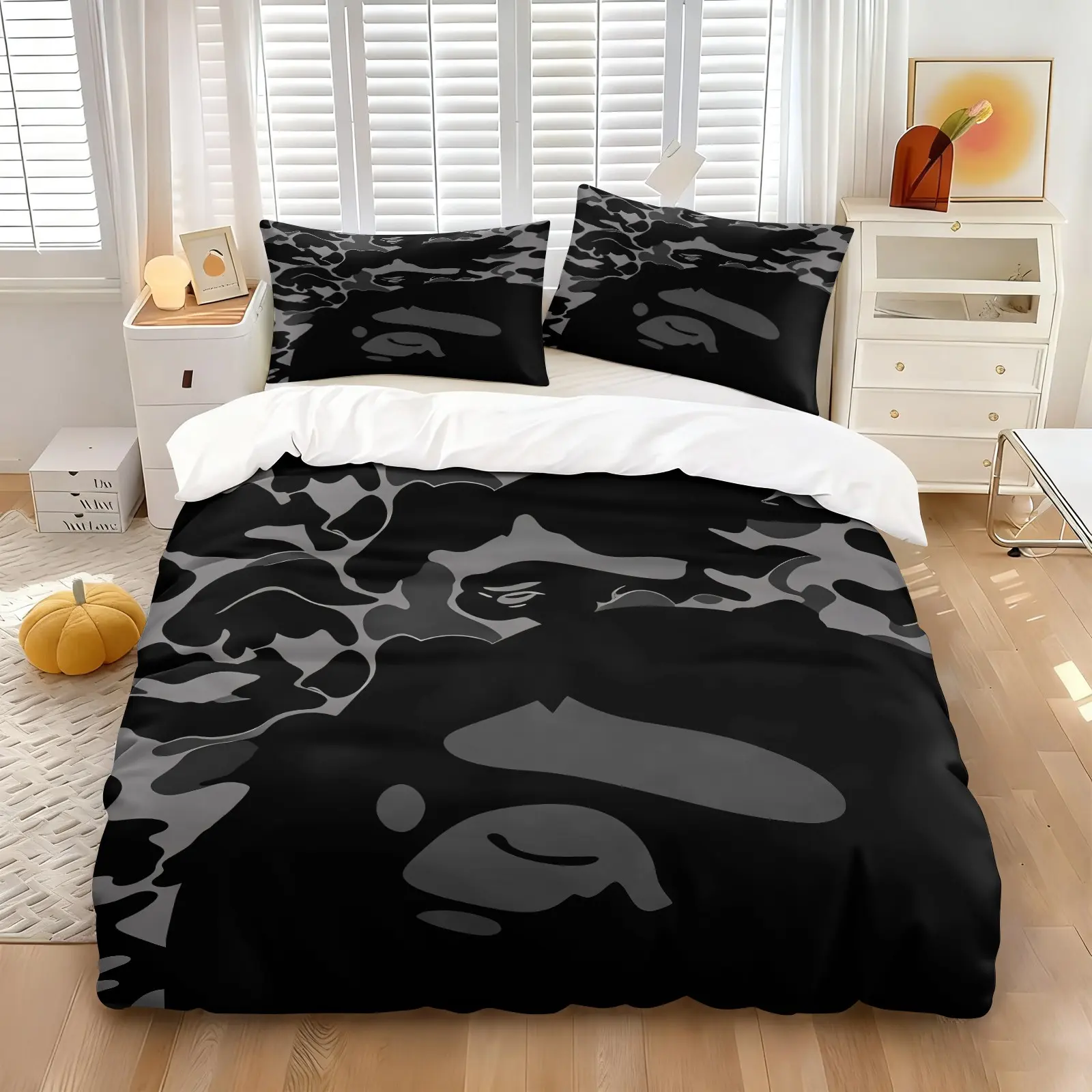 3Pcs Dark Camouflage Ape Graphic Duvet Cover Set, Includes 1 Duvet Cover + 2 Pillowcases, Soft Comfortable All‑Season Microfiber Fabric, Monochrome Streetwear Pattern Bedding, Cool Gift for Street Style Lovers