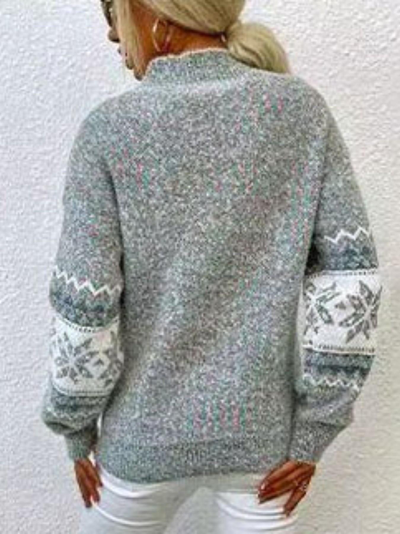 1 Piece 2026 Fall Winter New Knit Sweater, European American Lazy Style, Thick Warm Chenille Fabric, Mock Neck Long Sleeve Snowflake Jacquard Oversized Top, Women Christmas Party Commute Casual Pullover