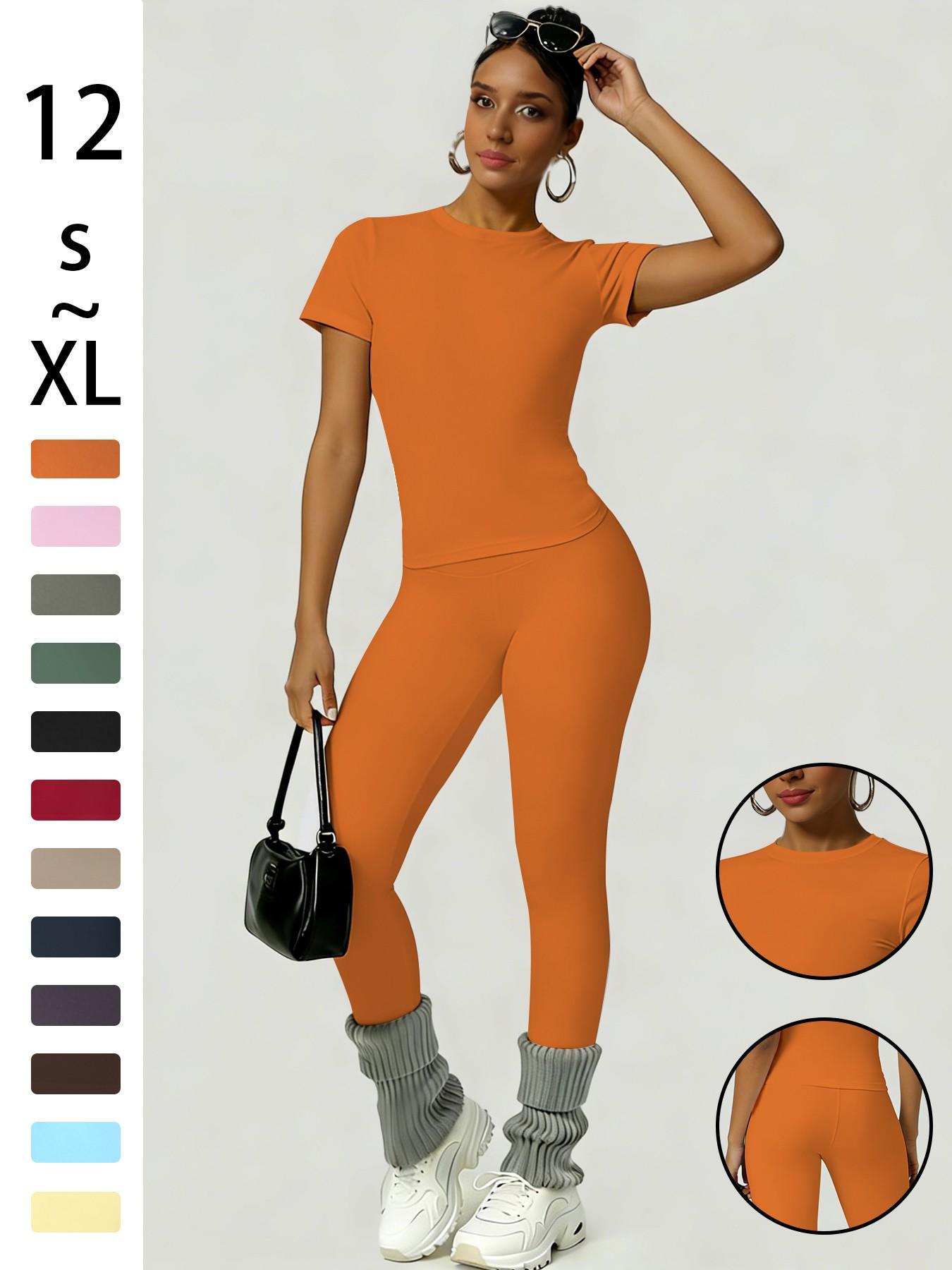 Women's Slim-Fit Round Neck Short Sleeves Top & High-Waisted Yoga Pants Sportswear Set, Ideal for Gym Running and Outdoor Activities