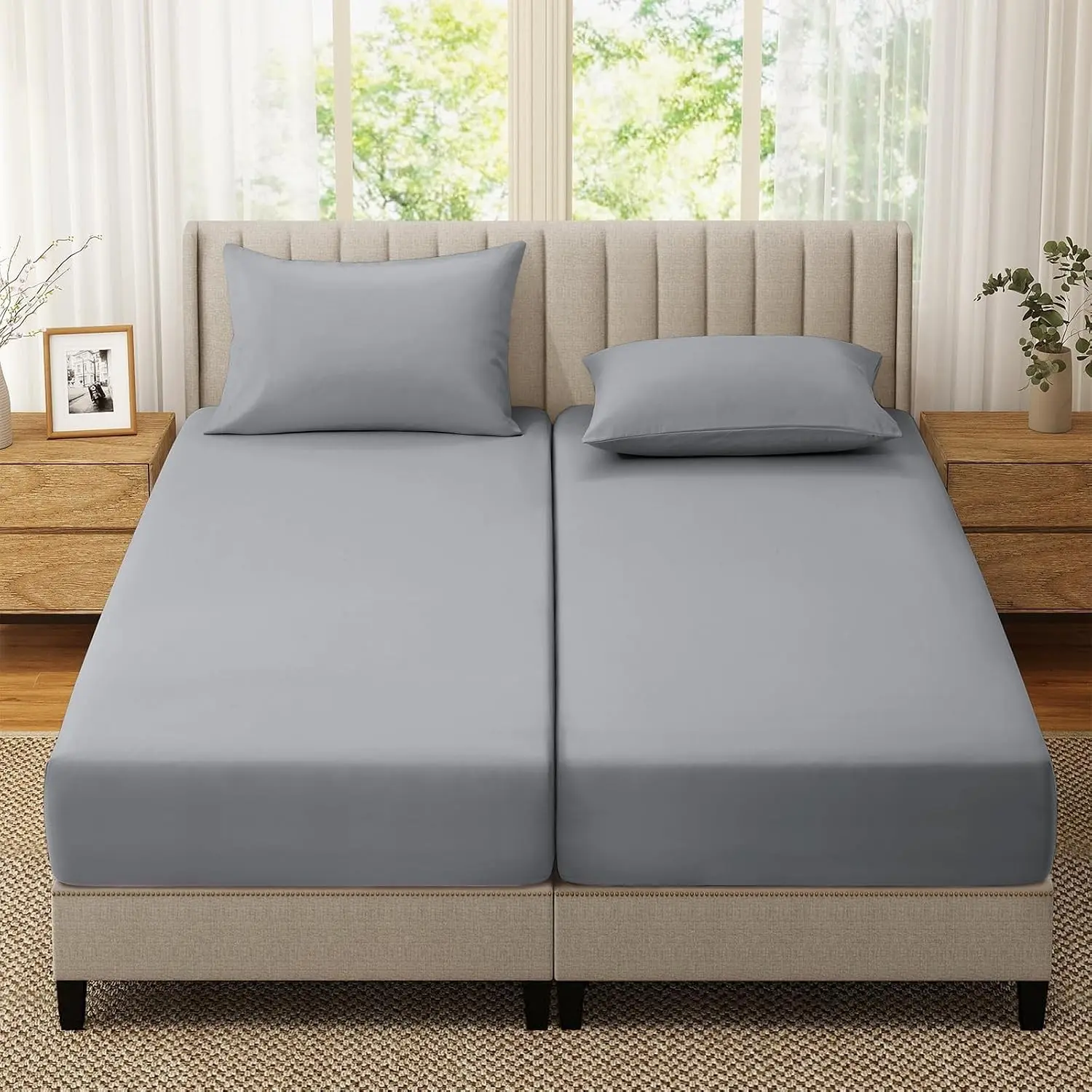 2-Pack Split King Fitted Sheets for Adjustable Bed, Light Gray