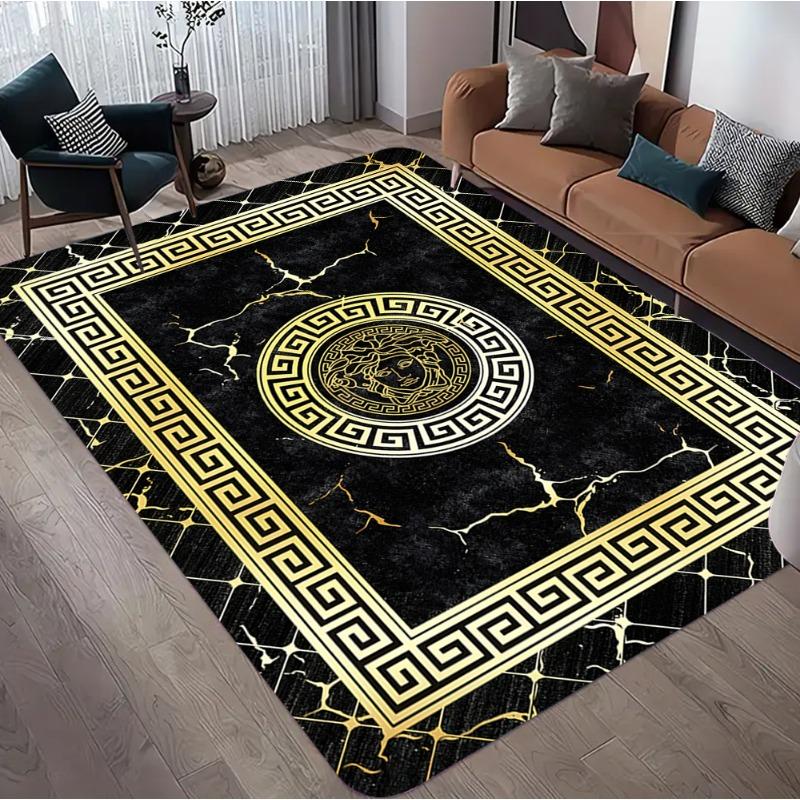 Luxury Black Green Gold Marble Flannel Area Rug - Modern Geometric Border Print Soft Mat for Living Room, Non-Slip Home Decor#LuxuryMarbleRug #BlackGreenGoldMat #GeometricBorderDecor #ModernCarpet #NonSlipFlannelRug