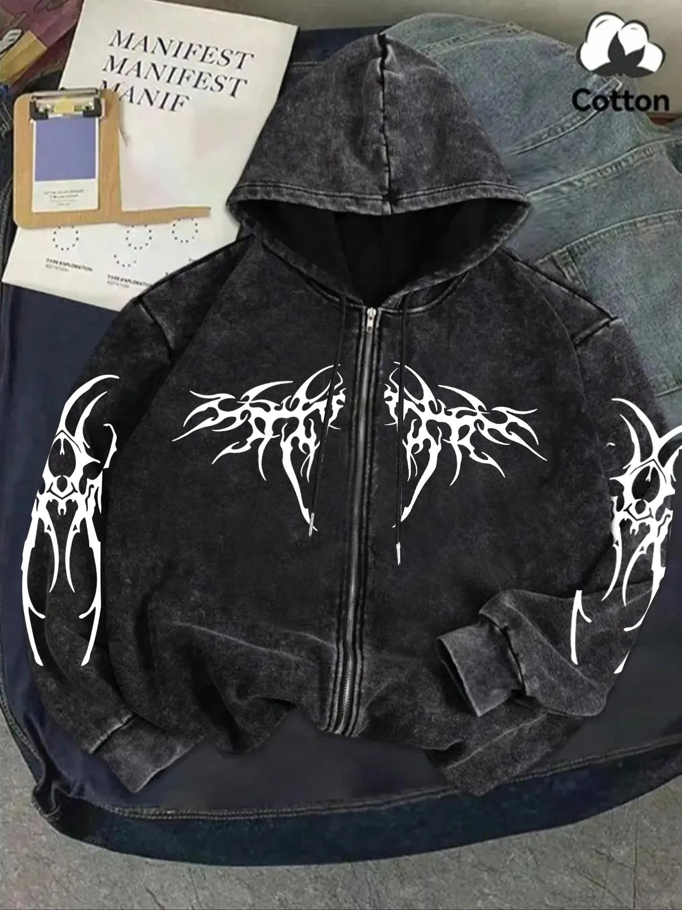 Y2K Rock Wash Full Zip Hoodie, Gothic Cross and Tribal Thorn