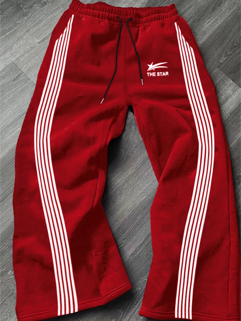Men's Casual Sporty Long Pants, Star Pattern Side Striped Fashion Sweatpants, Drawstring Wide Leg Loose Fit, All Seasons Wear, Athleisure Style