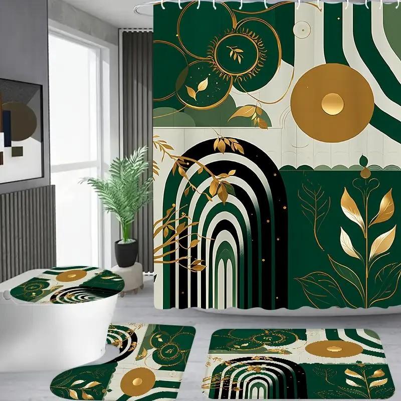 1/4pcs Abstract Pattern Bathroom Decor Set, 4 Countsset Including 1 Shower Curtain & 1 Bathroom Rug & 1 Toilet U-shape Mat & 1 Toilet Lid Cover Pad, Bathroom Restroom Decor Supplies, Home Goods, Shower Curtain Sets