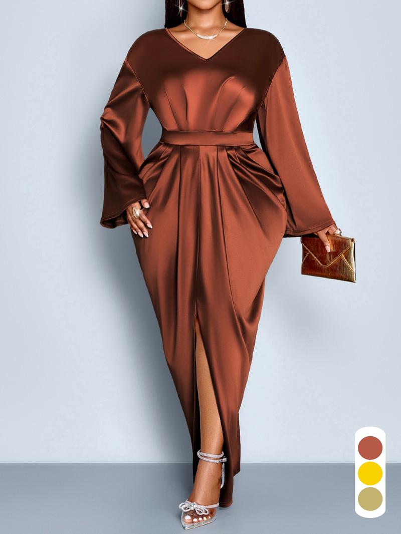 Elegant V Neck Backless Long Sleeve Dress, Plus Size Women's Fall Fashion, Slim-Fitting High Waist Split Skirt for Evening Parties