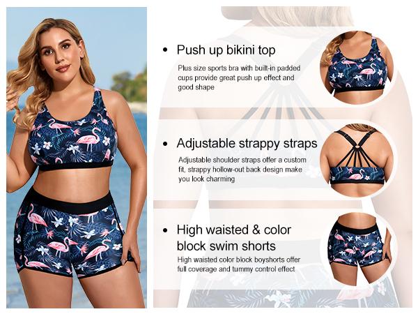 Holipick Women Plus Size Three Piece Tankini Swimsuits Tummy Control Bathing Suits with Boy Shorts Tank Top with Sports Bra