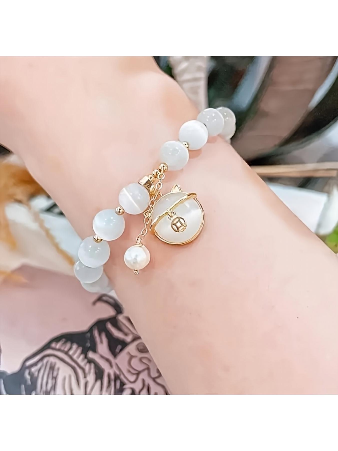 White Crystal Faux Cat's Eye Bracelet, Beaded Hand Jewelry for Women, Birthday Gift, Bracelet for Girlfriend, Valentine's Day Gift, Gift for Girlfriend