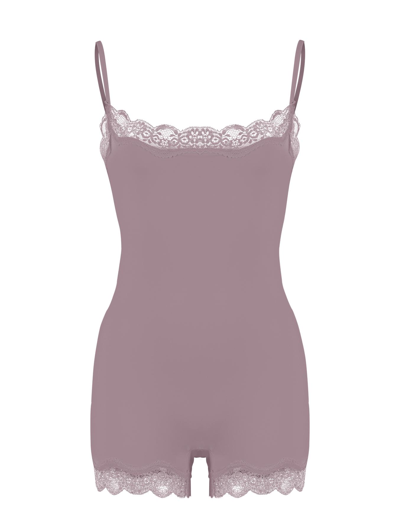 Women's Basic Solid Color Spaghetti Strap Lace Trim Seamless Bodysuit Underwear Body Shaper Shapewear