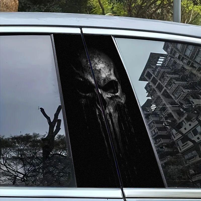 Punisher Skull B Pillar Sticker, Deep and Weathered Design, Cracked Splash Effect, Vertical Drop, Waterproof Car Decal