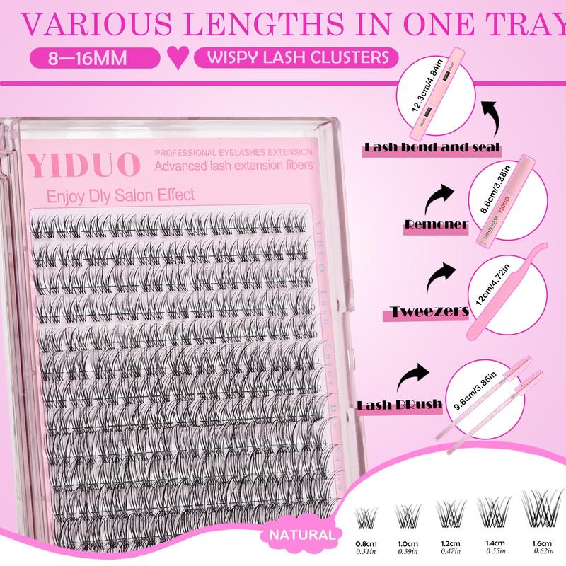 Lash Clusters Kit 8-16mm Natural Eyelash Extensions Kit DIY Individual Lashes 154 Pcs C-Curly Eyelash Cluster Kit with Lash Bond and Seal Tweezers Remover Eyelash Brush DIY at Home Easily Eyelash Glue Extension