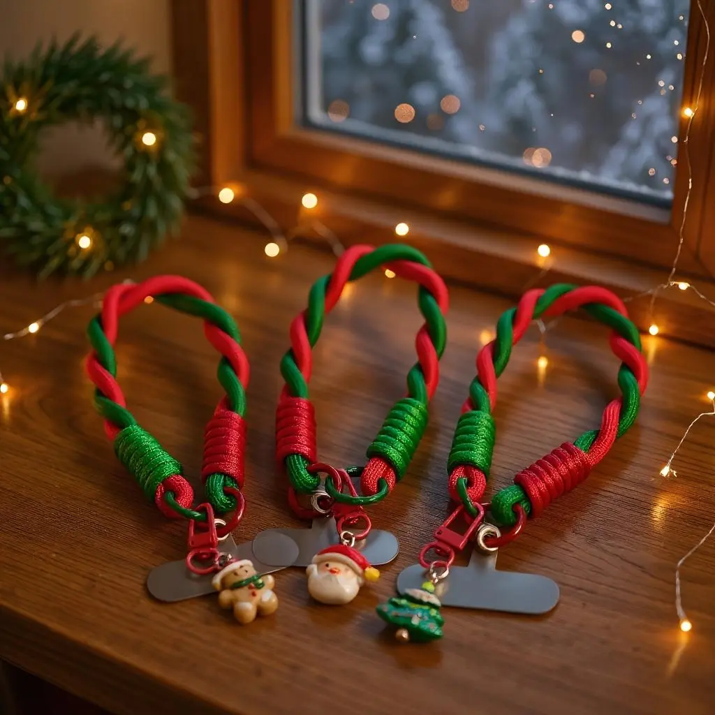 Creative Phone Lanyard in Red And Green for Christmas Gifts, Featuring Decorations Like Santa Claus, Christmas Trees, And Gingerbread Men. Perfect for Creating a Festive Atmosphere, Ideal for Gifting to Friends And Family