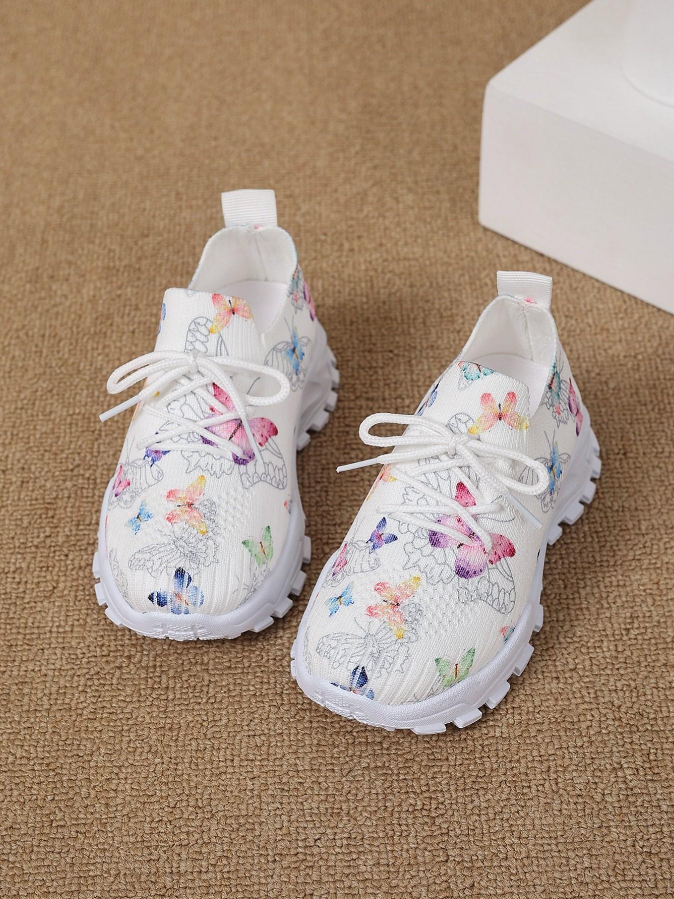 Girls' Spring & Fall Fashion Sneakers, Soft Anti-Slip Comfortable Lightweight Breathable Easy Wear, Elegant Butterfly Pattern Outdoor Shoes