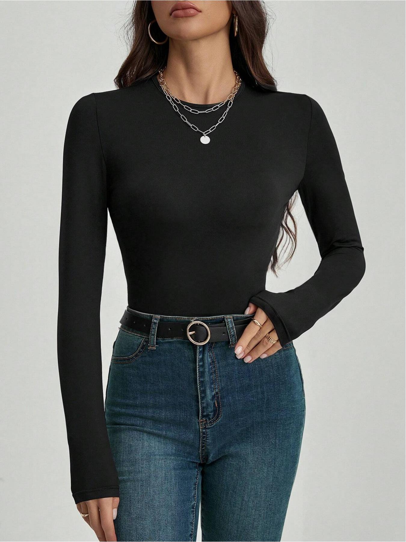 Women's Autumn Basic Solid Color Versatile Fitted Long Sleeve Bodysuit, Slim Fit Design, Suitable for Home, Sports, Work, Shopping, Gatherings and Bars.