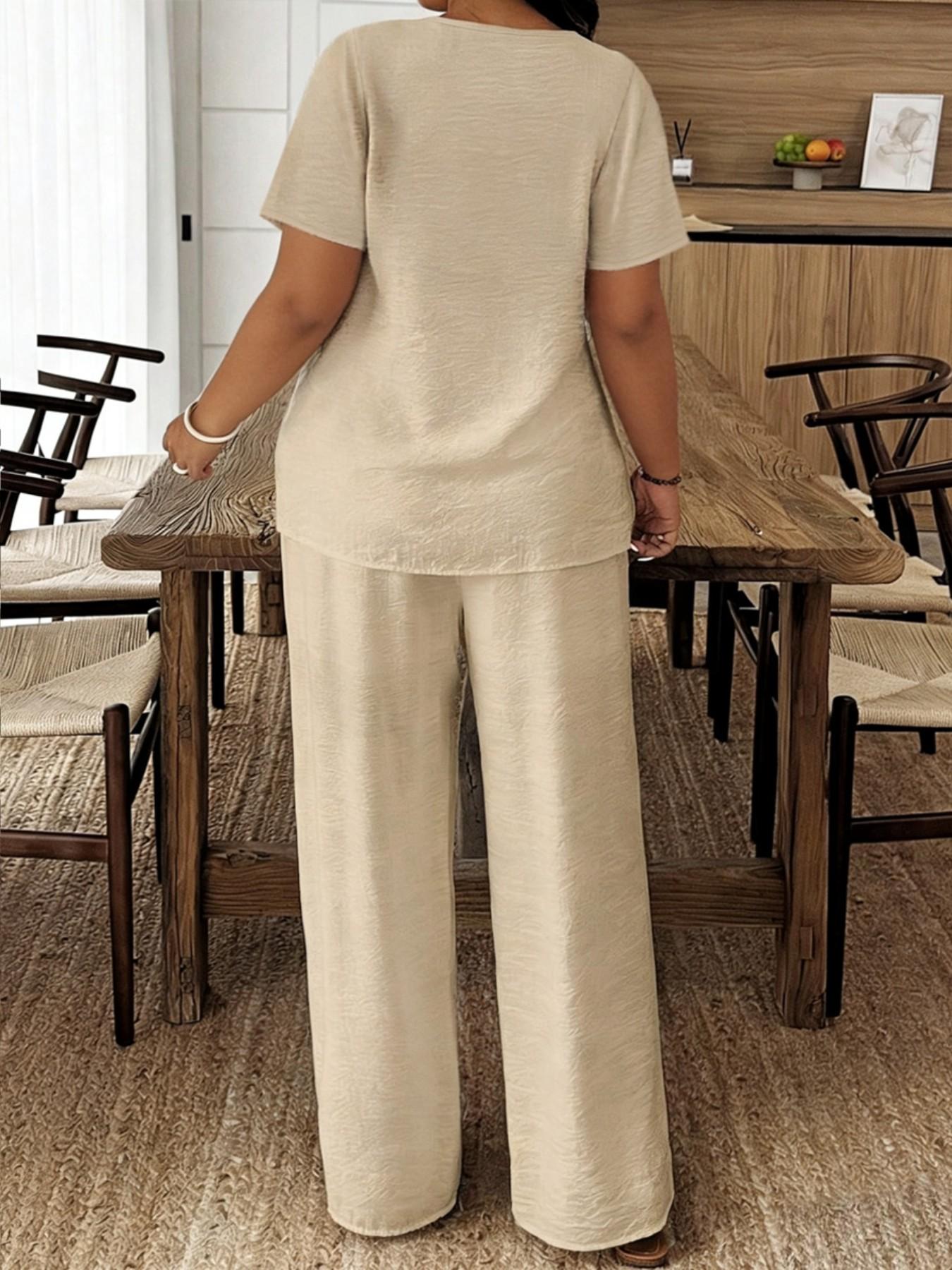 Summer New Plus Size Women's Casual Long Sleeve Shirt & Loose Pants Set, Perfect for Vacation