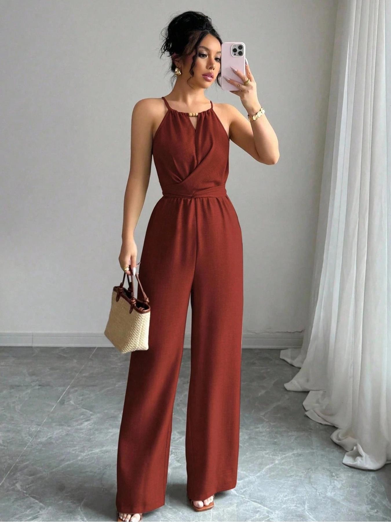 Elegant Women's Solid Color Beaded Jumpsuit, Womenswear, Perfect for Parties and Formal Occasions, Sleeveless Design for Layering