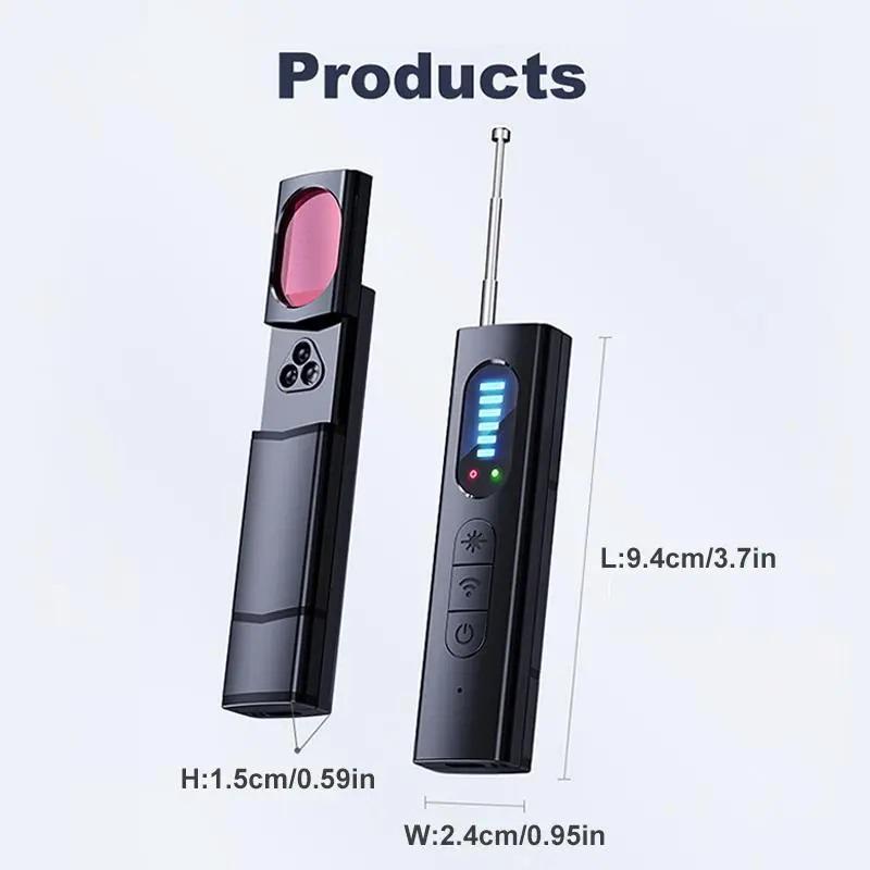 Hidden camera detector, spy camera detector, car GPS tracker detector, bug detector, RF signal detector, eavesdropping detector, 6 levels of sensitivity, 4 detection modes, 30 hours working time, suitable for travel, car, bathroom, office, hotel.