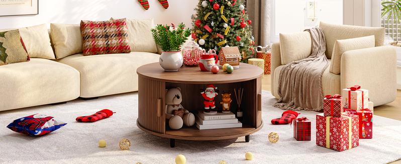 【Valentine's Day gift】ONBRILL 31.5" Round Storage Coffee Table, Fluted Wood Coffee Table with Adjustable Footpads and 360° Curved Sliding Door, Living Room Furniture