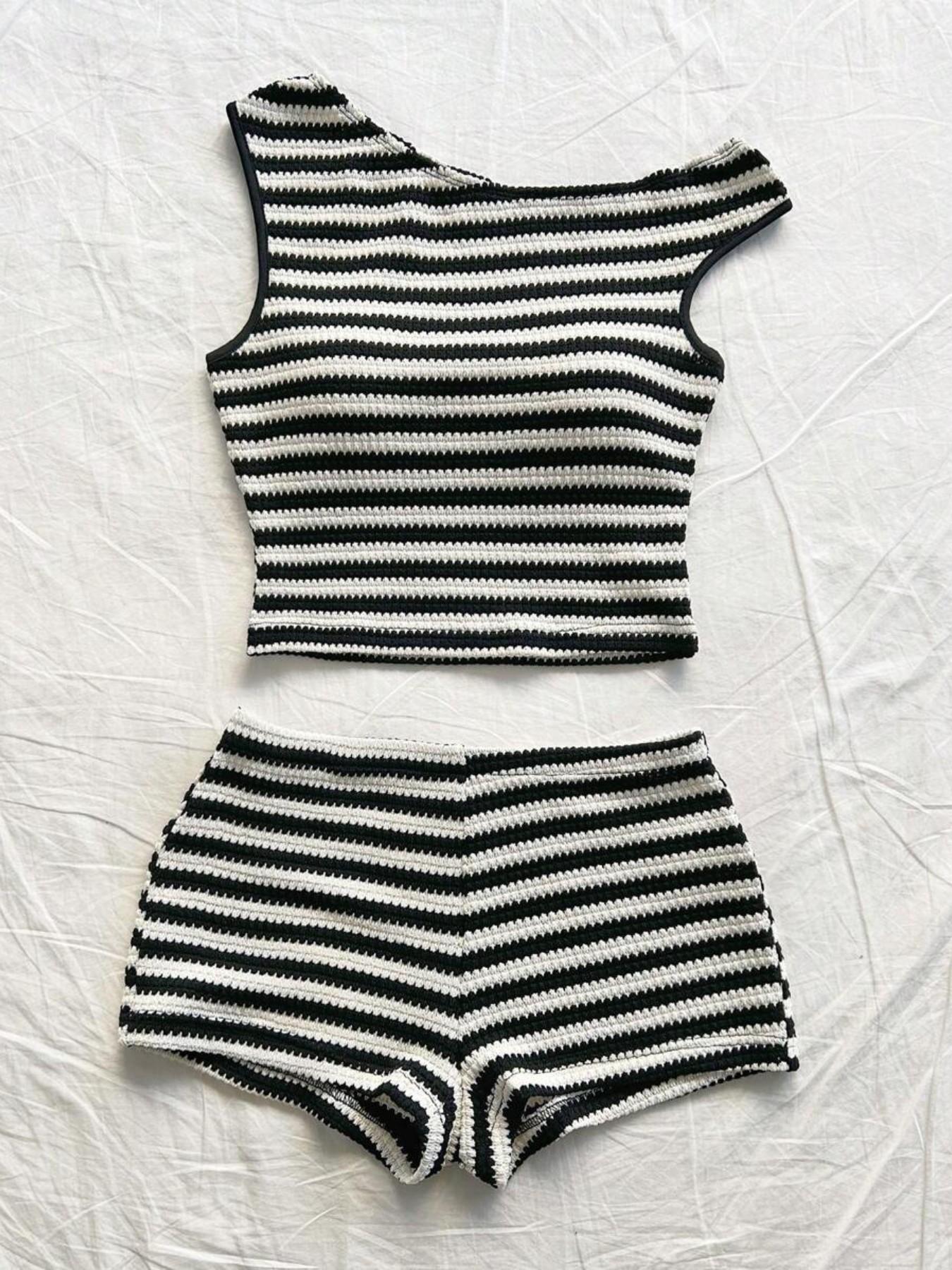 Striped Knit Asymmetrical Neckline Crop Top and Low Waist Tight Shorts Set, Perfect for Parties, Holidays, Beach, Cruise, Carnival, Easter, New Year