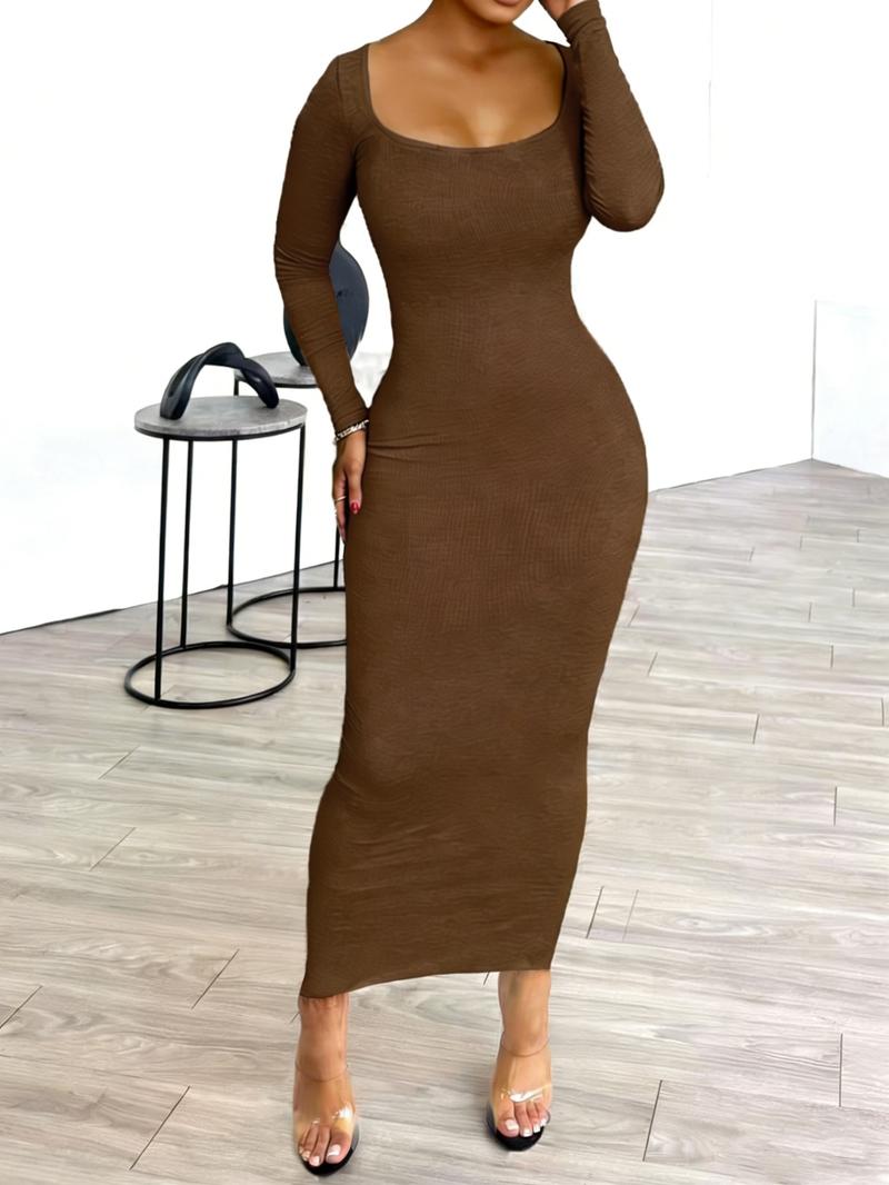 Women's U-Neck Dress Spring New Corduroy Print Back Long Skirt, Fashion Sexy Elegant Casual Medium-Length Dress for Autumn Winter