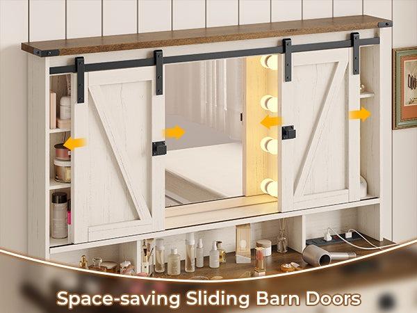 Sikaic Sliding Mirror Makeup Vanity With Lights & Barn Doors Charging Station Jewelry Hooks And Open Storage Shelves Modern Drawer