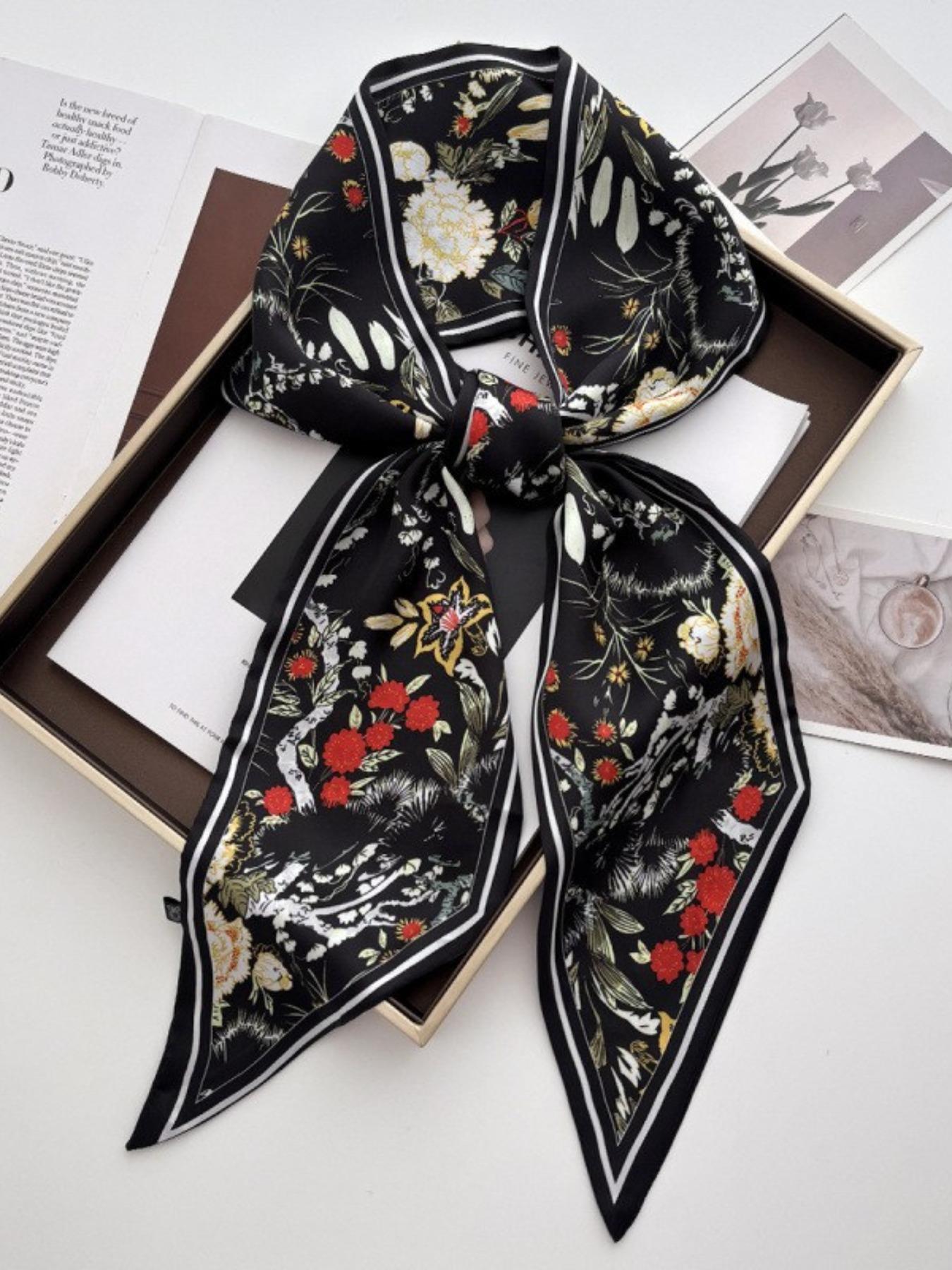 Women's Reversible Silk Scarf, Long Strip Necktie, Dual-Sided Floral Print, Versatile Fashion Accessory, All Seasons Boho Style