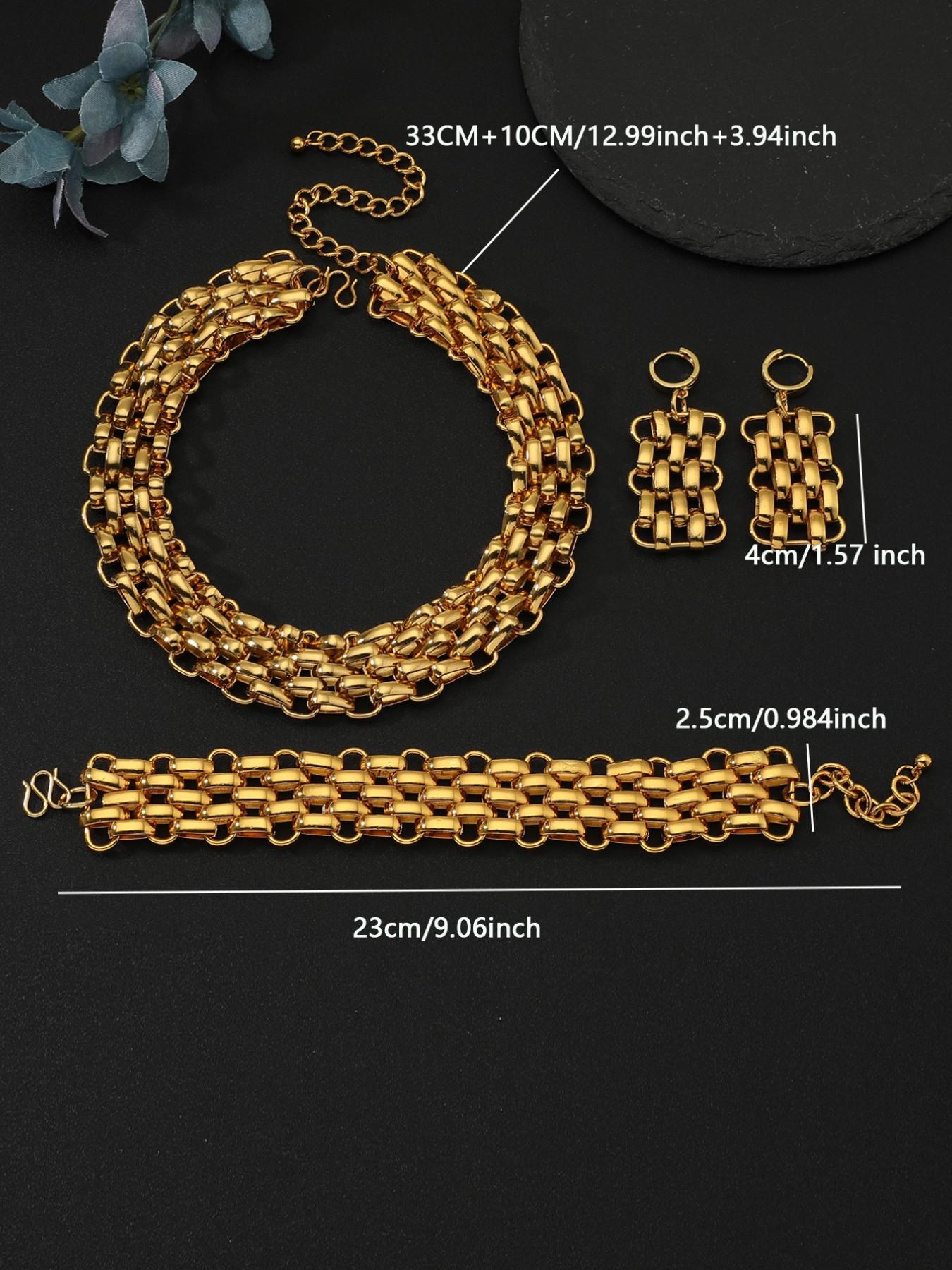 Cuban Chain Necklace Set, Earrings, Bracelet for Women, Elegant Jewelry for Parties, Weddings, Dubai Nigerian Bride Accessories