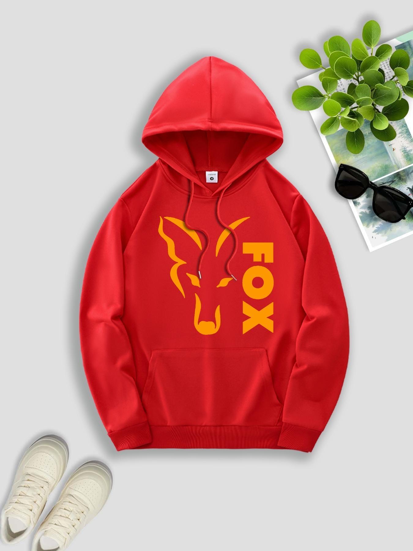 Men's Fall Winter American Streetwear Fox Print Hooded Fleece Sweatshirt, Versatile Sportswear Casual Loose Fit Hoodie