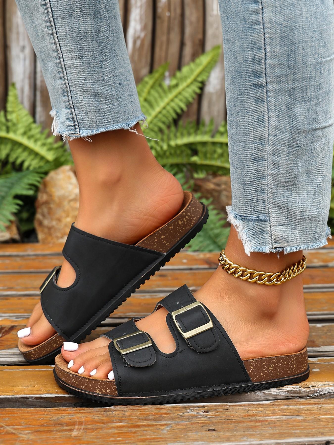 Women's Dual Strap Metal Buckle Soft Sole Rubber Sandals, Casual Retro Style Slip-On Shoes, Comfortable Outdoor Footwear for Daily Wear