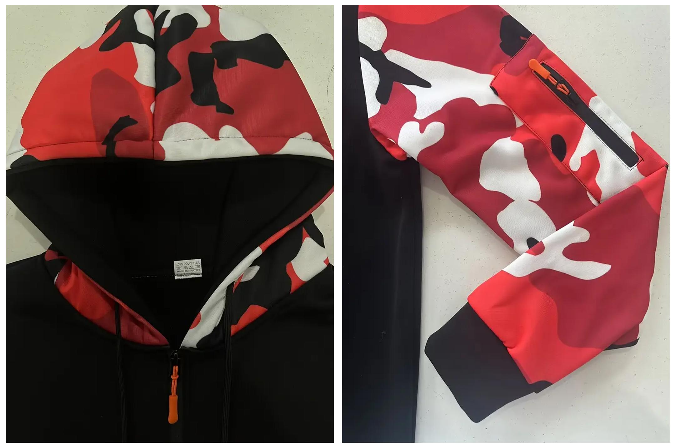 Stitching Hooded Men's Fashion Camouflage American Vintage Zipper Sweater Loose Fit Pullover with Top Stitching Slit Pocket in Red Army Green Blue Gray