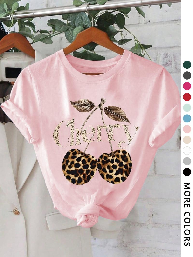 Women's Cherry & Leopard Print Round Neck Graphic Tee, Vintage Trendy Casual Short Sleeve T-shirt for Daily Wear, Ladies All Seasons Outfit, Top