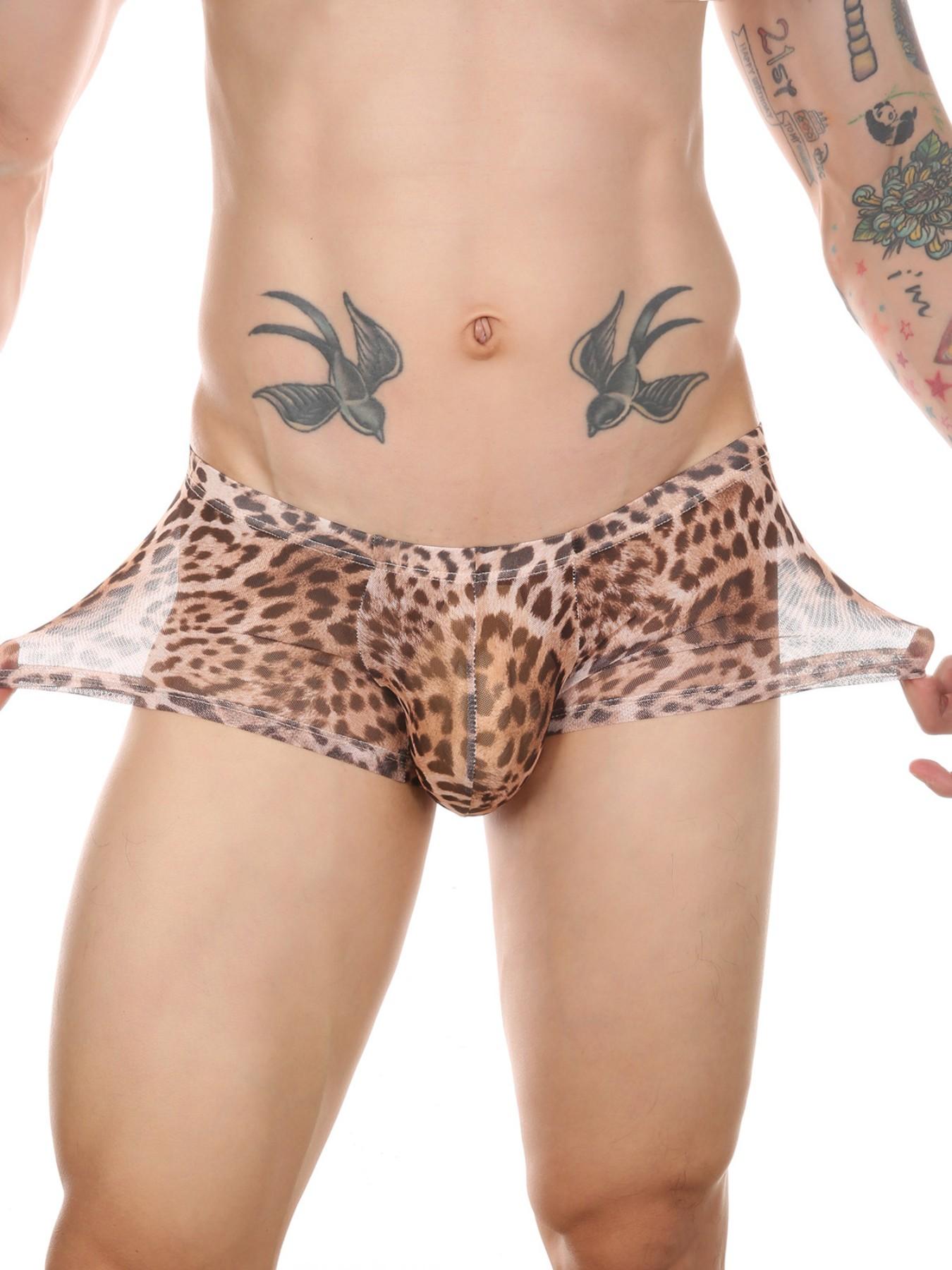 Men's Leopard Print Mesh Boxer Briefs Breathable Slim Fit Fashion Underwear