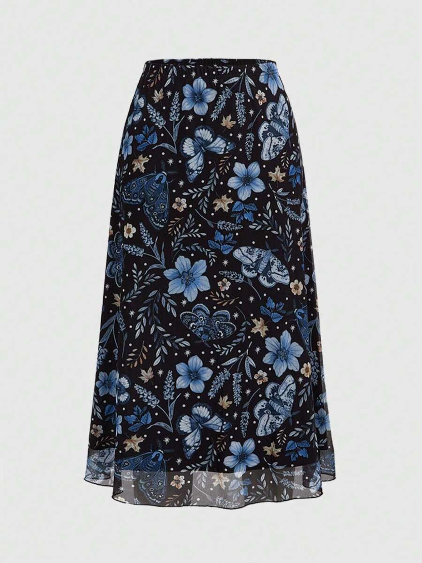 Fairycore Gothic A-Line Skirt, Bohemian, Casual Boho Skirt, Bat Skull Moon Pumpkin Print, Boho Plant Leaf Butterfly Maple Mushroom Floral Design, Elegant Party Dress, All-Season Long Skirt, Elastic, Bottom
