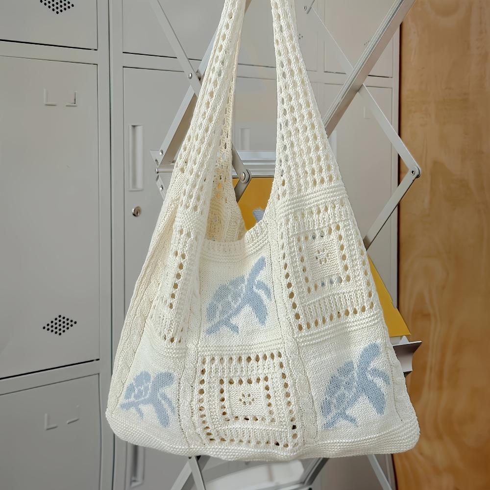 Cute Crochet Blue Bag for Women, Large Capacity Open Knit Shoulder Handbag, Lightweight Stylish Summer Beach Tote, Versatile Casual Daily Shopping & Market Storage Handbag