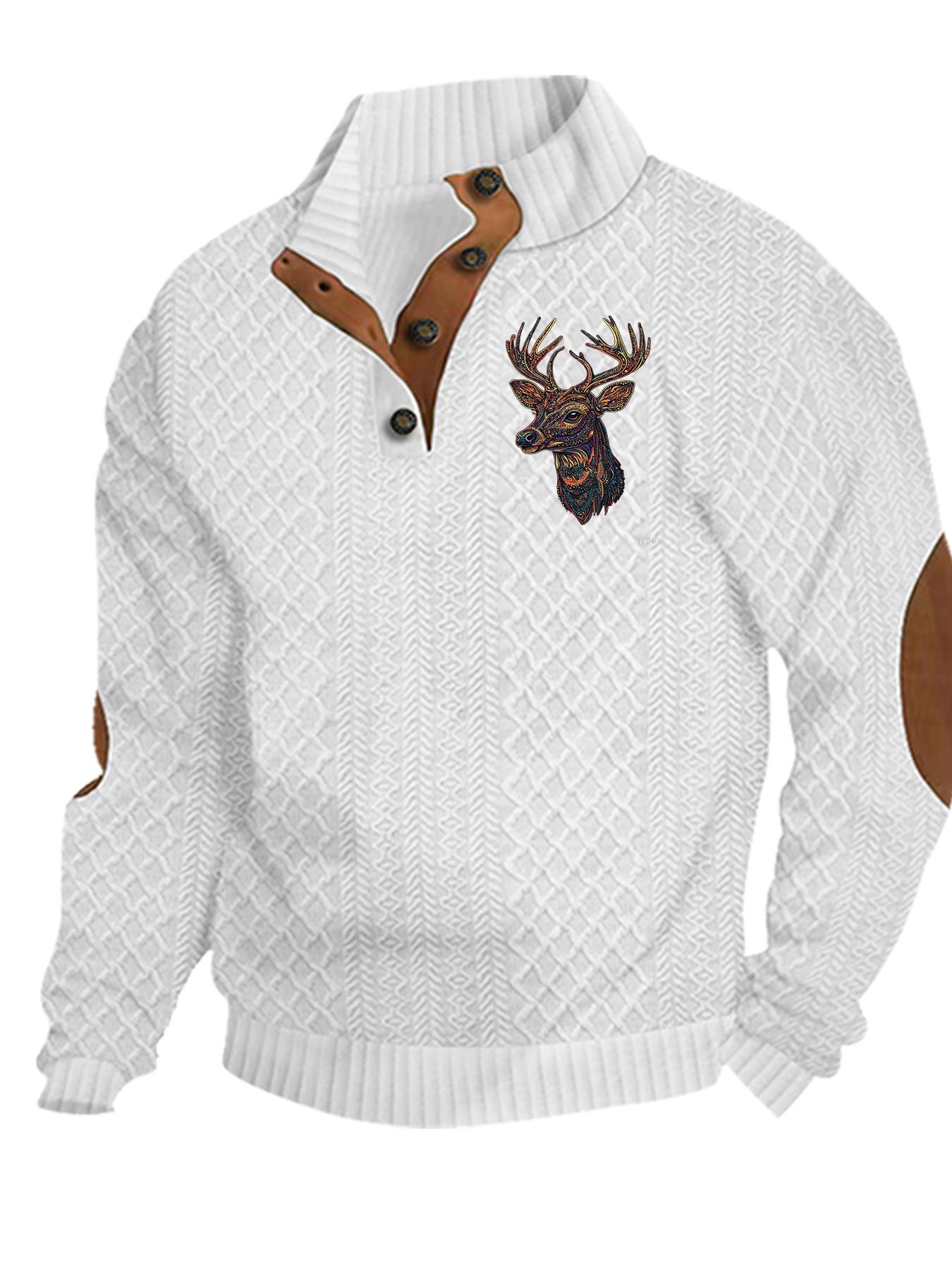 Men's Reindeer Print Patchwork Contrast Trim Jacquard Sweatshirt, Regular Fit Casual Comfy Long Sleeve Half Button Front Stand Collar Pullover for Spring & Fall, Fashion Men's Top for Daily Wear