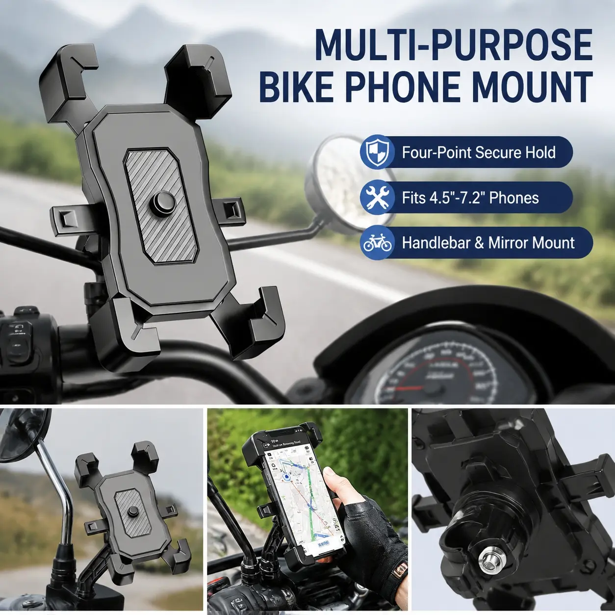 Rotatable Mirror‑Base Motorcycle Phone Mount, Anti‑Drop Secure Clamp Cellphone Stand for Outdoor Motorbike Riding and GPS Navigation