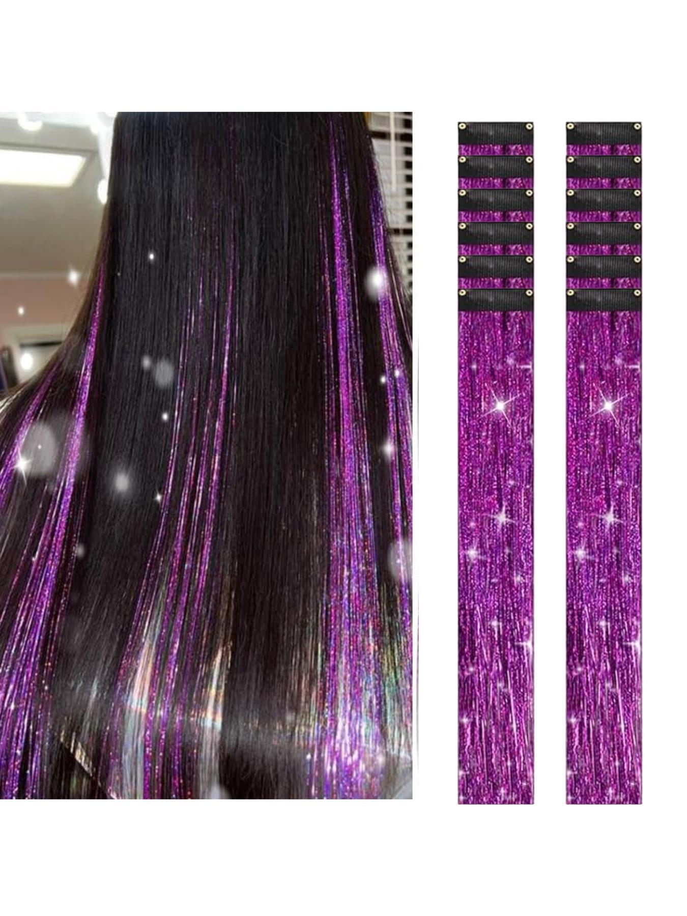 Rainbow Hair Tinsel Pack of 12 Pcs Clip in Hair Tinsel 20 Inch Glitter Tinsel Hair Extensions, Festival Tinsel Fairy Hair Extension Party Dazzle Hair Accessories Strands Kit Clip on Hairpieces
