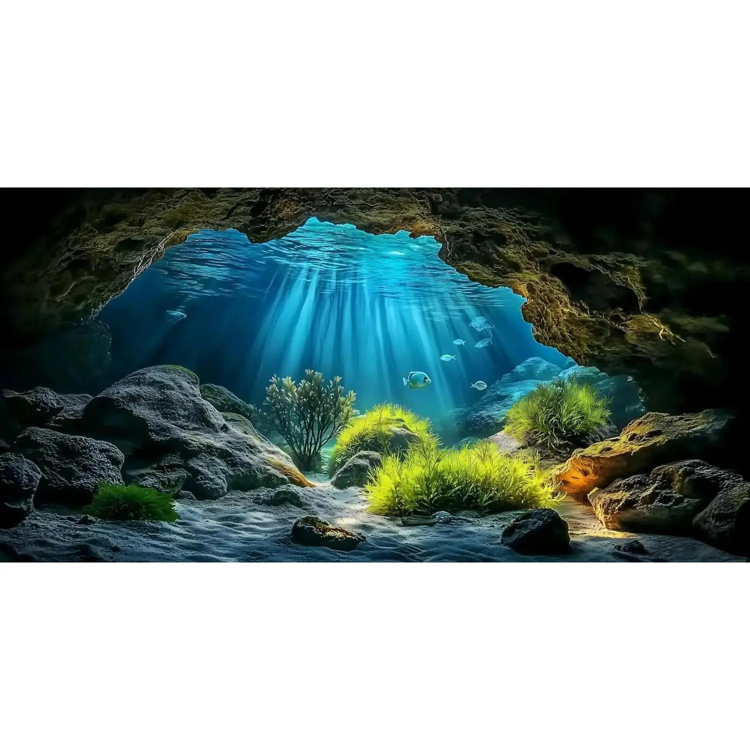 Underwater Cave Aquarium Background with Rocks Water Plants Sunburst Landscape for Fish Tank 24x12 Inches PVC Decoration with Tapes