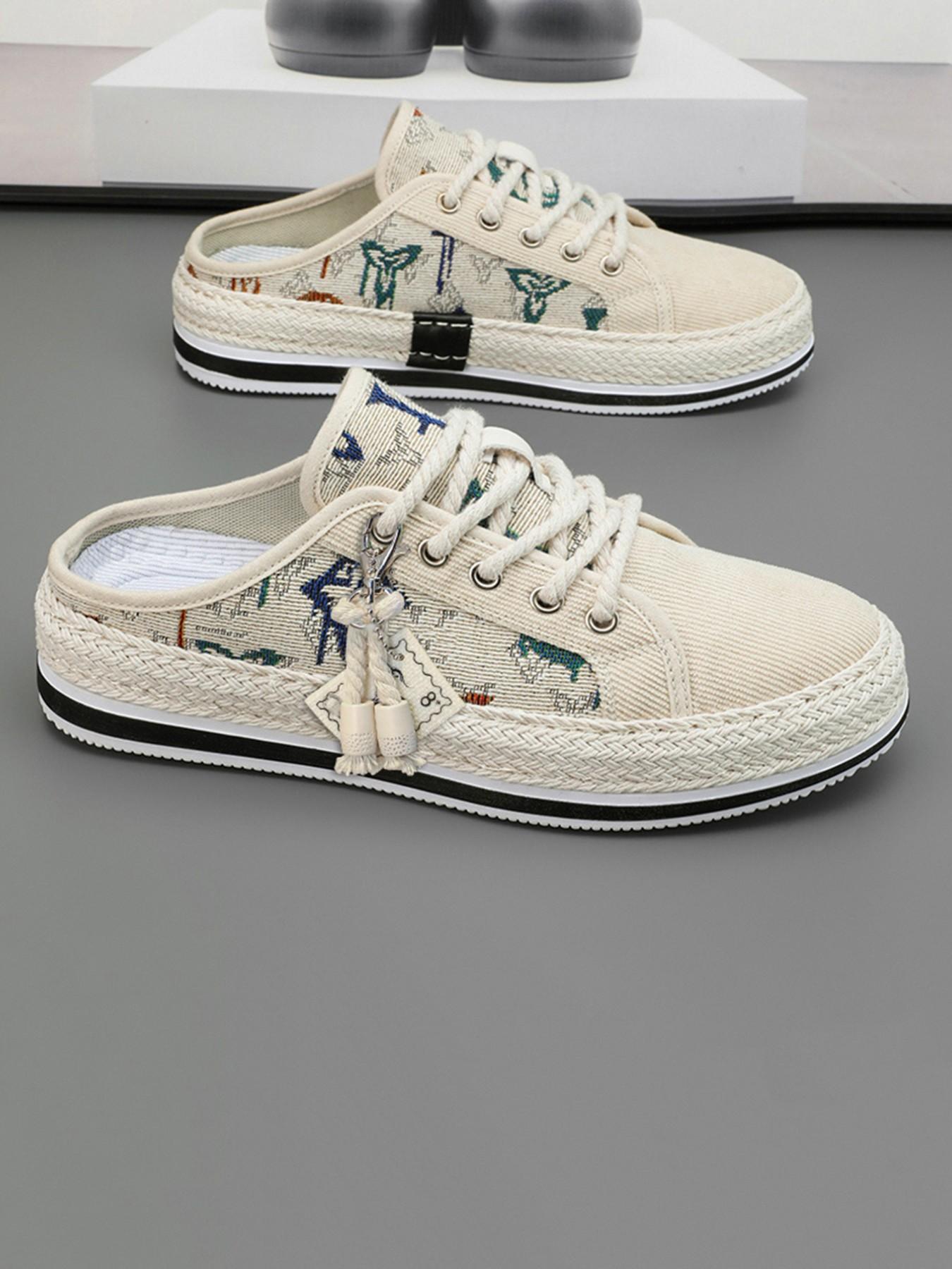 Men's Ethnic Animal Print Canvas Slippers, Summer Footwear, Size 39-44, Thick Sole, Slip-On Design, Retro Open-Toe Sandals